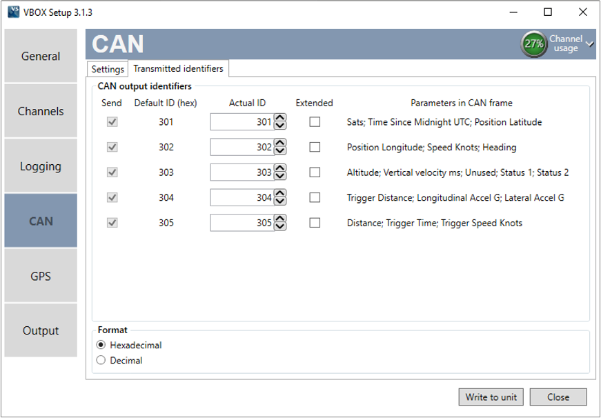 VBII VBOX Setup CAN Transmitted Identifiers