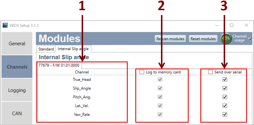 VBII VBOX Setup Channels Internal Slip