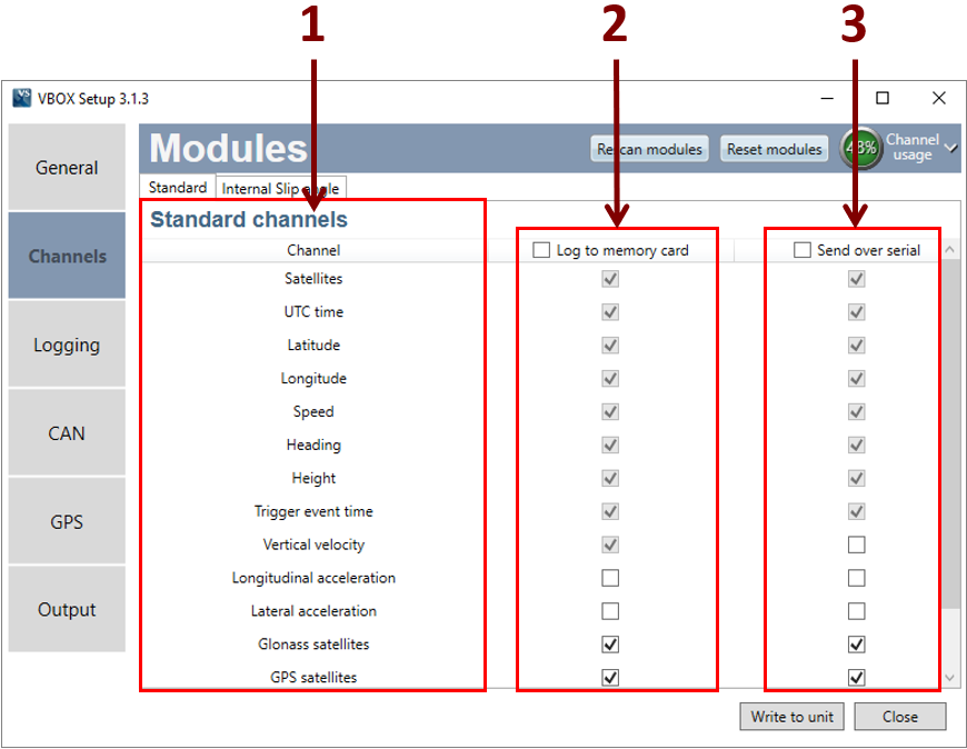 VBII VBOX Setup Channels Standard