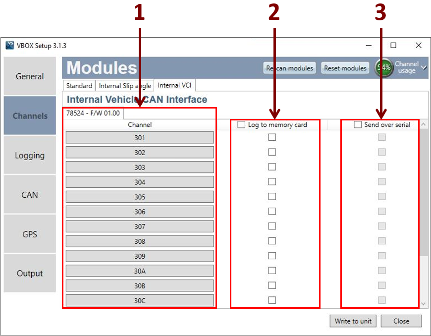 VBII VBOX Setup Channels VCI
