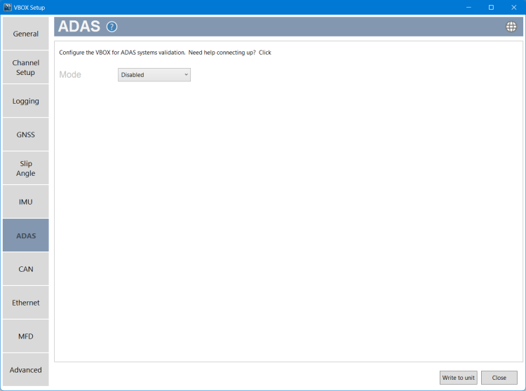 Screenshot of the ADAS Menu with ADAS disabled, in VBOX Setup connected to a VBOX 4 ADAS.