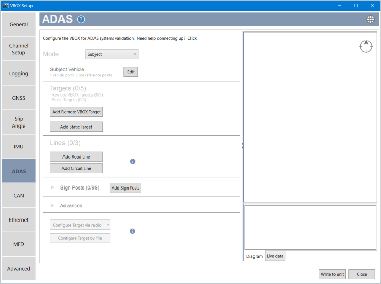 Screenshot of the ADAS Menu with ADAS enabled, in VBOX Setup connected to a VBOX 4 ADAS.