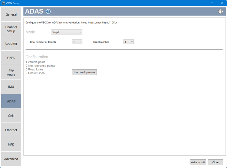 Screenshot of the ADAS Menu in VBOX Setup with Target mode selected.