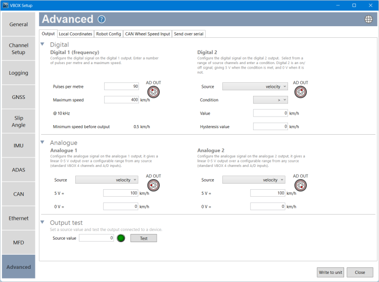 Screenshot of the Output tab in the Advanced menu in VBOX Setup connected to a VBOX 4 ADAS unit.