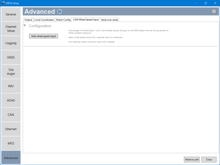Screenshot of the CAN Wheel Speed Input tab in the Advanced Menu of VBOX Setup connected to a VBOX 4 ADAS unit.