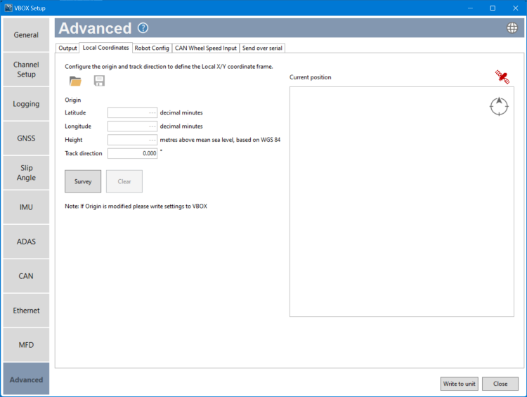 Screenshot of the Local Coordinates tab within the Advanced menu of VBOX Setup connected to a VBOX 4 ADAS unit.