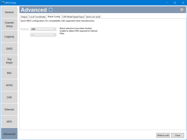 Screenshot of the Robot Config tab of the Advanced Menu in VBOX Setup connected to a VBOX 4 ADAS unit.