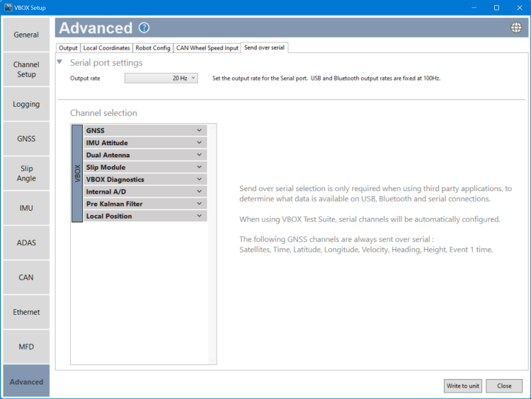 Screenshot of the Send Over Serial tab in the Advanced Menu in VBOX Setup connected to a VBOX 4 ADAS unit.