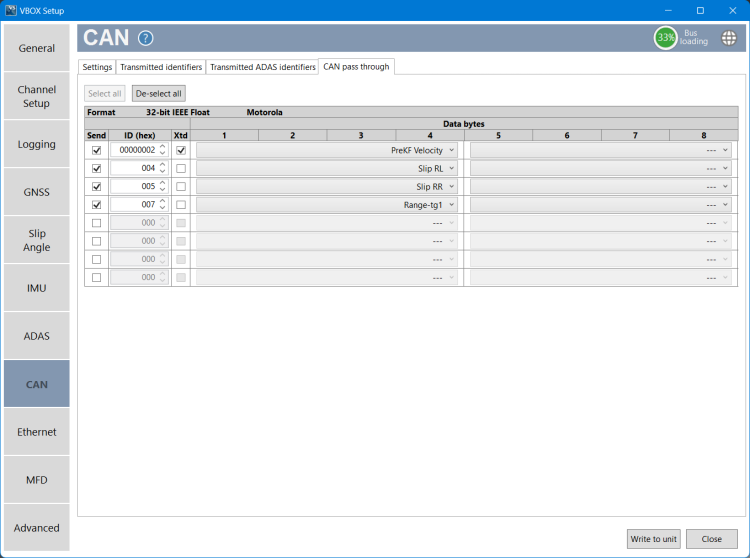 Screenshot of the CAN Pass Through tab of the CAN menu in VBOX Setup when connected to a VBOX 4 ADAS.
