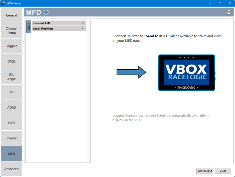 Screenshot of the MFD Menu in VBOX Setup when connected to a VBOX 4 ADAS unit.