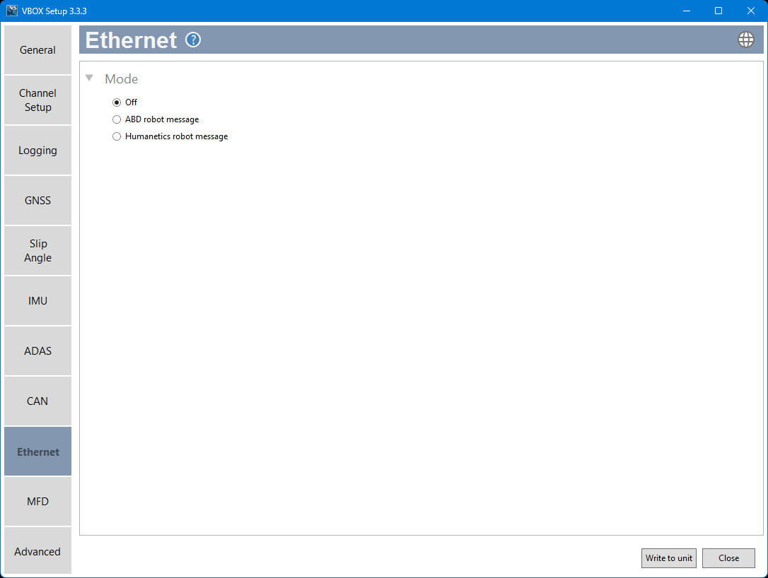 Screenshot of the Ethernet menu in VBOX Setup when connected to a VBOX 4 ADAS and selected Mode is Off.