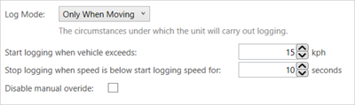 Screenshot of the further options available when 'Only When Moving' is selected as the Log Mode.