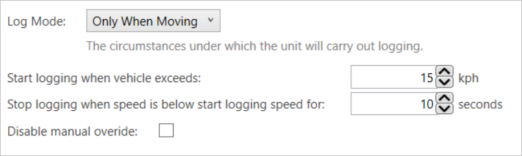 Screenshot of the further options available when 'Only When Moving' is selected as the Log Mode.