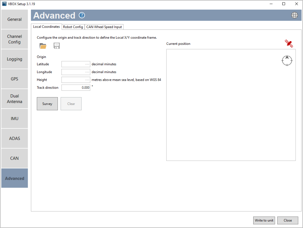 Screenshot of the Local Coordinates tab within the Advanced menu of VBOX Setup connected to a VBOX 3i ADAS unit.