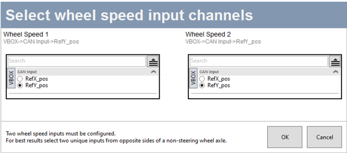 Cropped screenshot of the Select Wheel Speed Input Channels window.