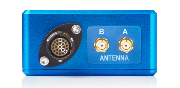 Photograph of the connectors on a VBOX 3iS Dual Antenna RTK unit.