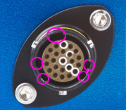 Photograph of the VBOX Omega connector with the inner notches highlighted.