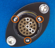 Photograph of the VBOX Omega connector with the outer notches highlighted.