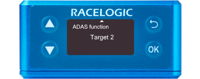 Illustration of a VBOX 3iS showing the ADAS Function Screen with Target 2 selected.