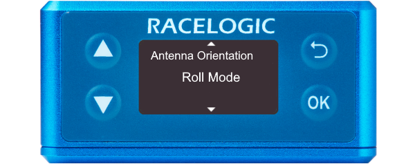 Illustration of a VBOX 3iS Dual Antenna RTK showing the Antenna Orientation screen with 'Roll Mode' displayed.