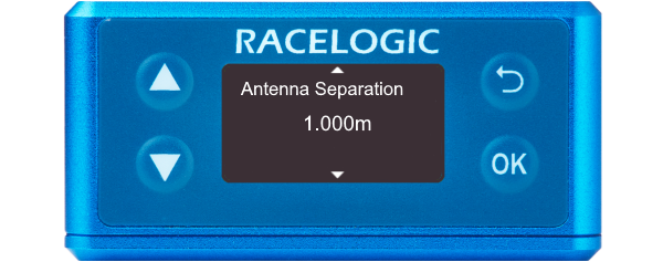 Illustration of a VBOX 3iS Dual Antenna RTK showing the Antenna Separation screen with '1.000 m' displayed.