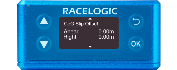 Illustration of a VBOX 3iS Dual Antenna RTK showing the CoG Slip Offset screen.