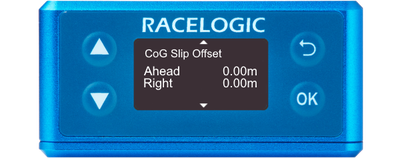 Illustration of a VBOX 3iS Dual Antenna RTK showing the CoG Slip Offset screen.