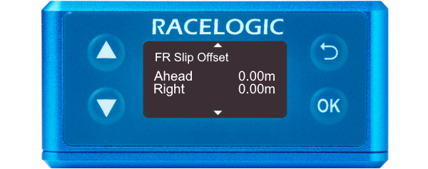 Illustration of a VBOX 3iS Dual Antenna RTK showing the FR Slip Offset screen.