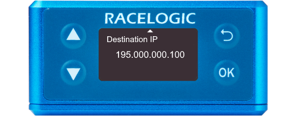 Illustration of a VBOX 3iS showing the Destination IP screen.