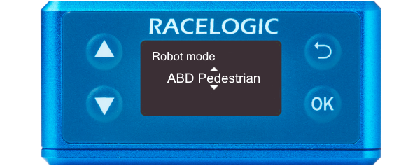 Illustration of a VBOX 3iS showing the Robot Mode screen with ABD Pedestrian selected.