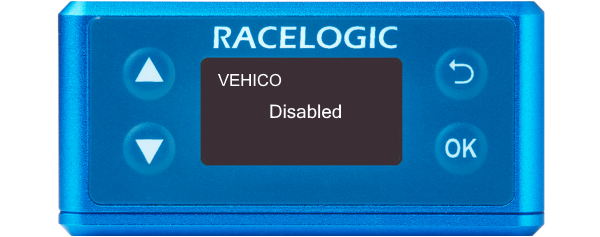 Illustration of a VBOX 3iS showing the Vehico screen with Disable selected.