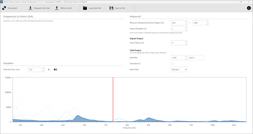 Screenshot of the VBOX ADAS Audio Sensor Setup Software.