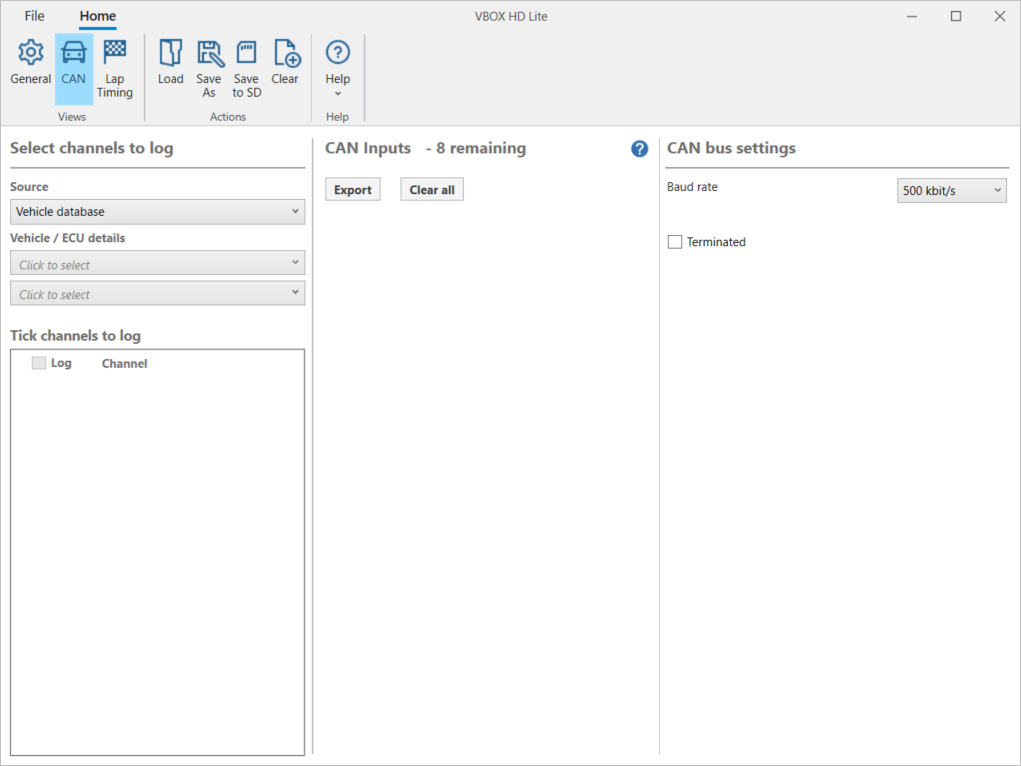 Screenshot of the CAN Menu in VBOX HD Lite Setup software.