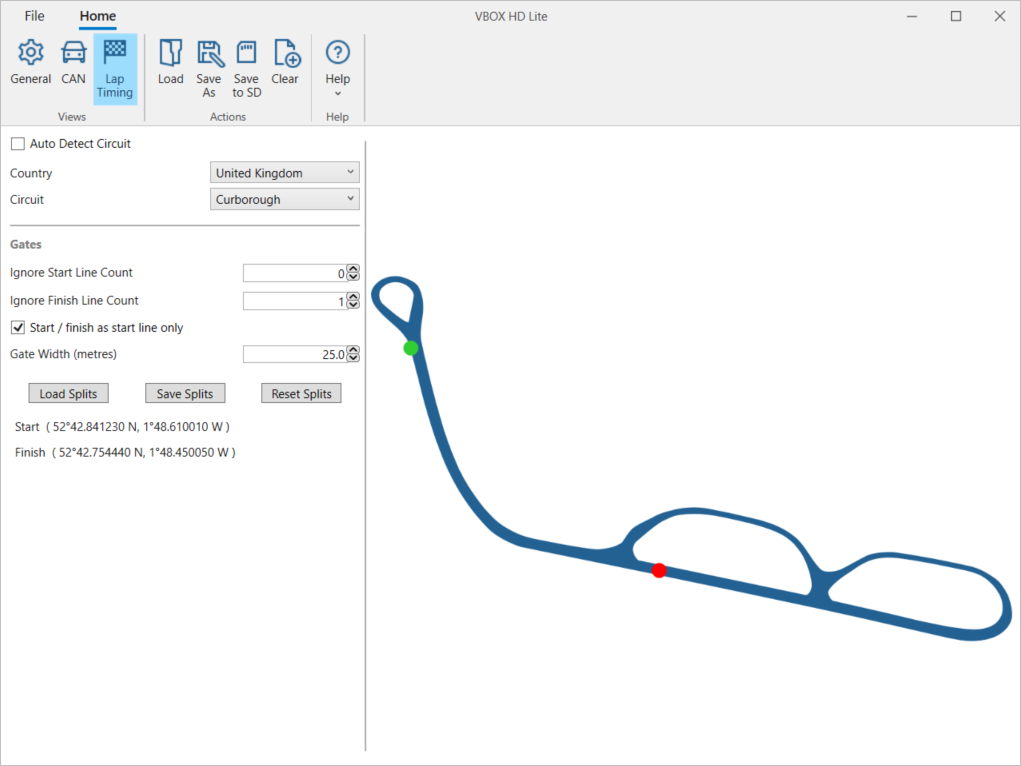 Screenshot of the Lap Timing Menu in VBOX HD Lite Setup software.