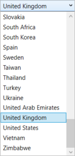 Screenshot of the Country dropdown list of options.