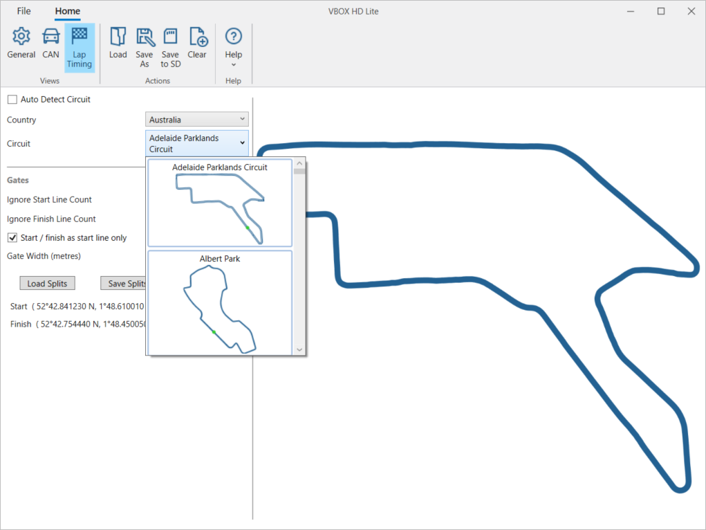 Screenshot of the software displaying a map outline of the selected track on the right hand side.