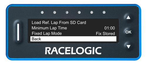 VBOX LapTimer showing the Predictive Lap Timing Menu with the Back option highlighted.