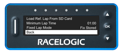 VBOX LapTimer showing the Predictive Lap Timing Menu with the Back option highlighted.