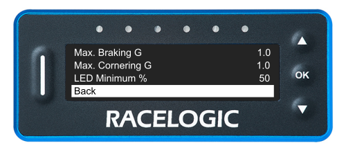 VBOX LapTimer showing the Combo-G LED Menu with the Back option highlighted.