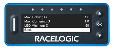 VBOX LapTimer showing the Combo-G LED Menu with the Back option highlighted.