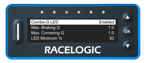 VBOX LapTimer showing the Combo-G LED Menu with the Combo-G LED option highlighted and enabled.