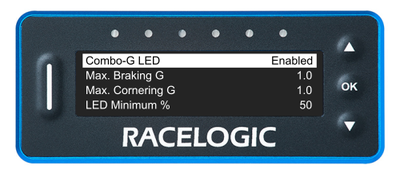VBOX LapTimer showing the Combo-G LED Menu with the Combo-G LED option highlighted and enabled.