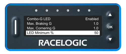 VBOX LapTimer showing the Combo-G LED Menu with the LED Minimum % option highlighted and set to 50.