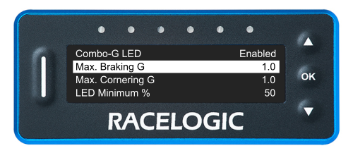 VBOX LapTimer showing the Combo-G LED Menu with the Max. Braking G option highlighted and set to 1.0.