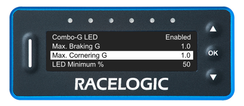 VBOX LapTimer showing the Combo-G LED Menu with the Max. Cornering G option highlighted and set to 1.0.