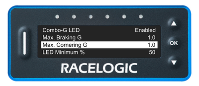 VBOX LapTimer showing the Combo-G LED Menu with the Max. Cornering G option highlighted and set to 1.0.