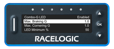VBOX LapTimer showing the Combo-G LED Menu with the Max. Braking G option highlighted and set to 1.0.