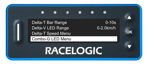 VBOX LapTimer showing the Predictive Lap Timing Menu with the Combo-G LED Menu option highlighted.