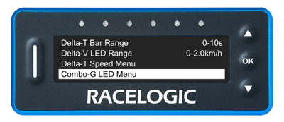 VBOX LapTimer showing the Predictive Lap Timing Menu with the Combo-G LED Menu option highlighted.