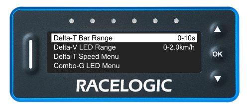 VBOX LapTimer showing the Predictive Lap Timing Menu with the Delta-T Bar Range option highlighted and set to 0-10s.